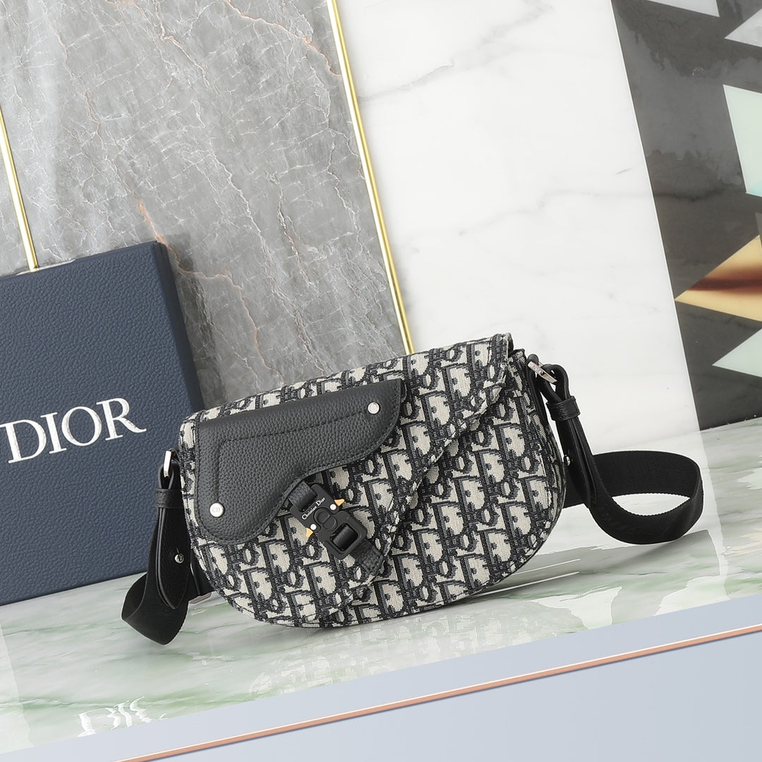Dior Vintage Monogram Canvas Saddle Shoulder Bag with Black Leather Flap