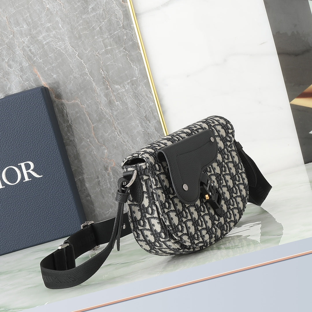 Dior Vintage Monogram Canvas Saddle Shoulder Bag with Black Leather Flap