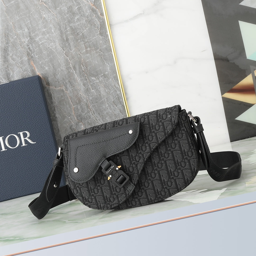 Dior Black Monogram Jacquard Saddle Crossbody Shoulder Bag