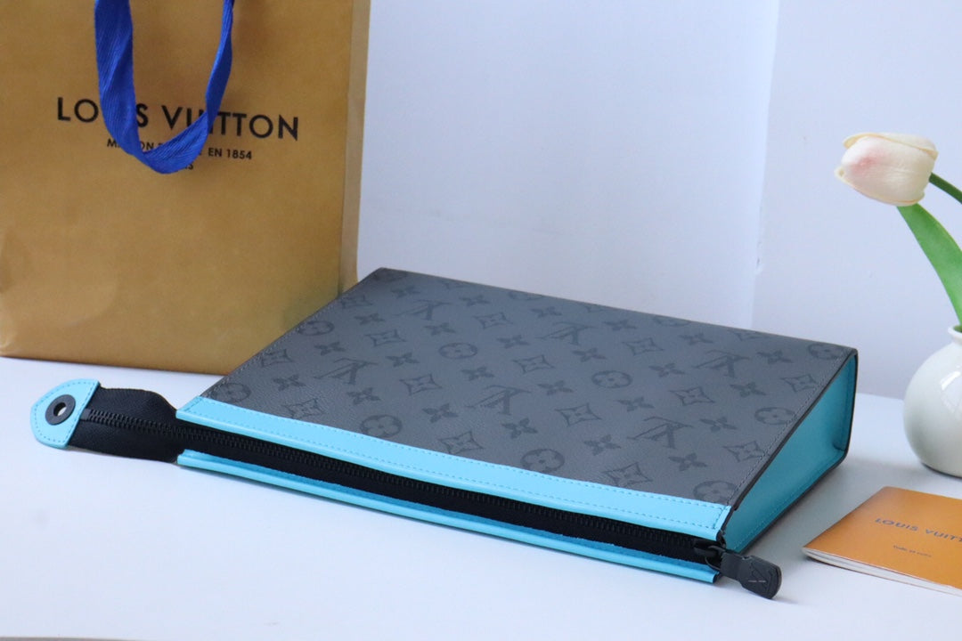 Louis Vuitton Luxury Monogram Pattern Unisex Clutch Bag with Blue Zipper Trim