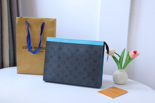 Louis Vuitton Luxury Monogram Pattern Unisex Clutch Bag with Blue Zipper Trim