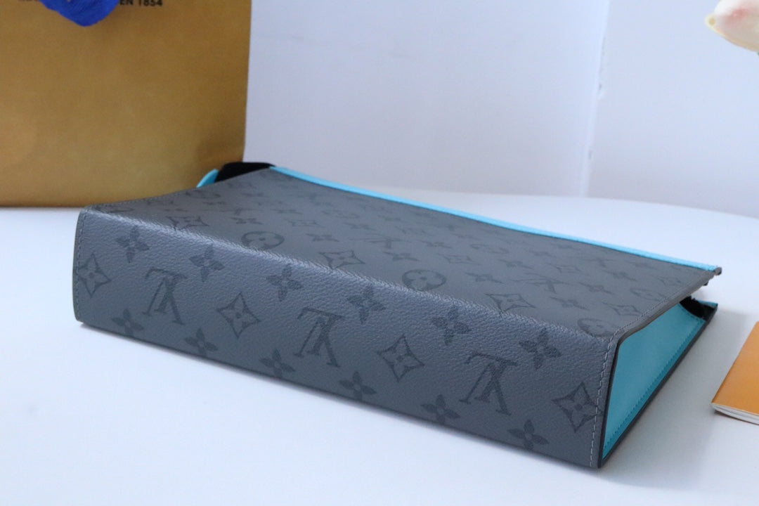 Louis Vuitton Luxury Monogram Pattern Unisex Clutch Bag with Blue Zipper Trim