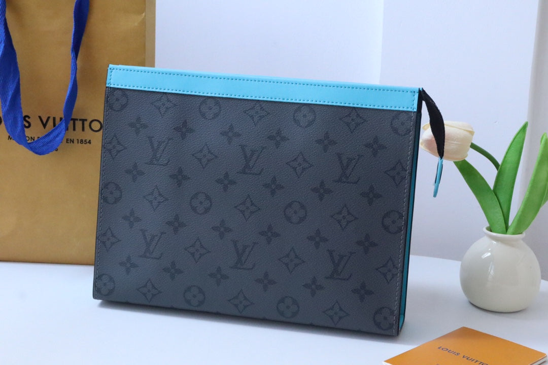 Louis Vuitton Luxury Monogram Pattern Unisex Clutch Bag with Blue Zipper Trim