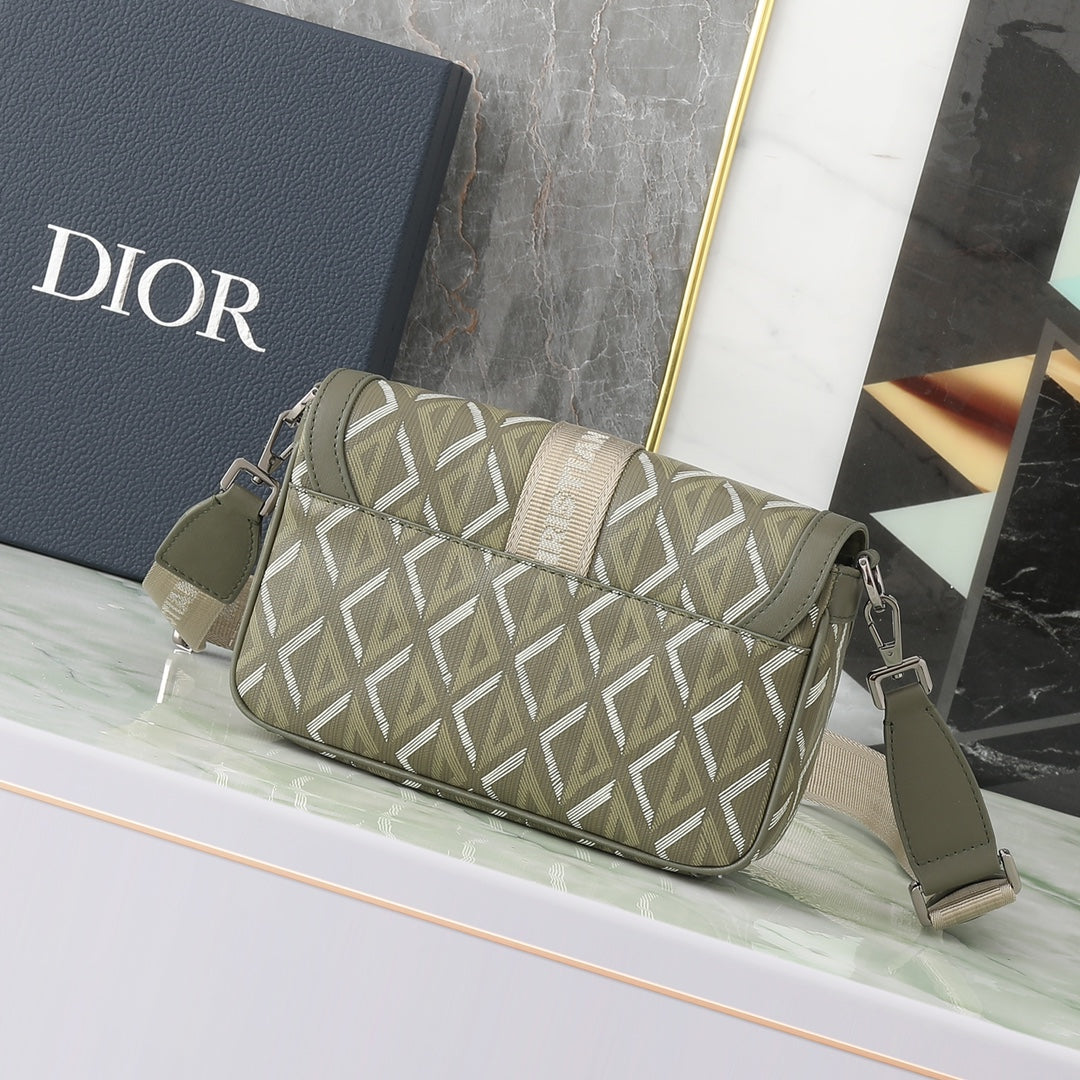 Dior Olive Green Geometric Pattern Crossbody Bag with Utility Buckle