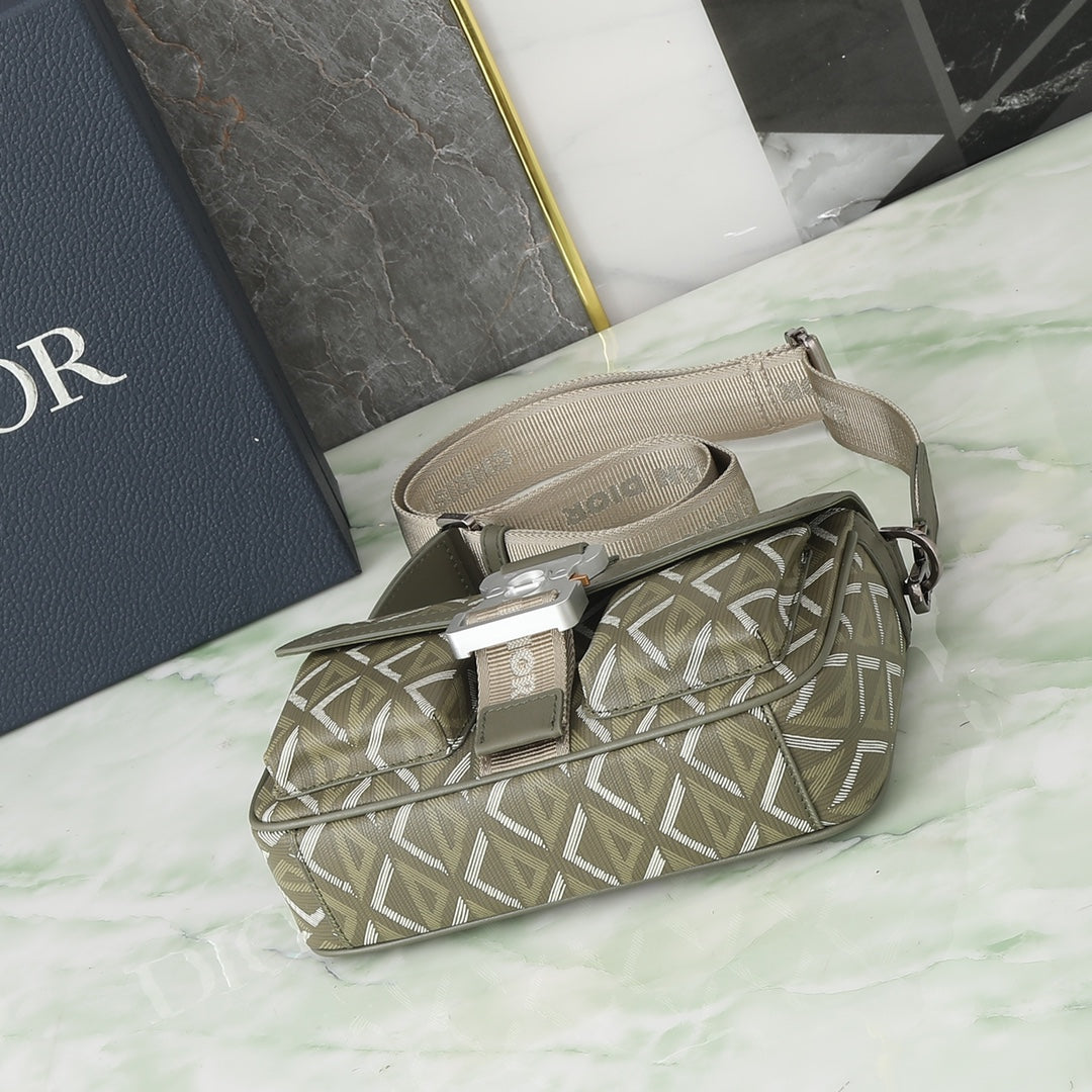 Dior Olive Green Geometric Pattern Crossbody Bag with Utility Buckle