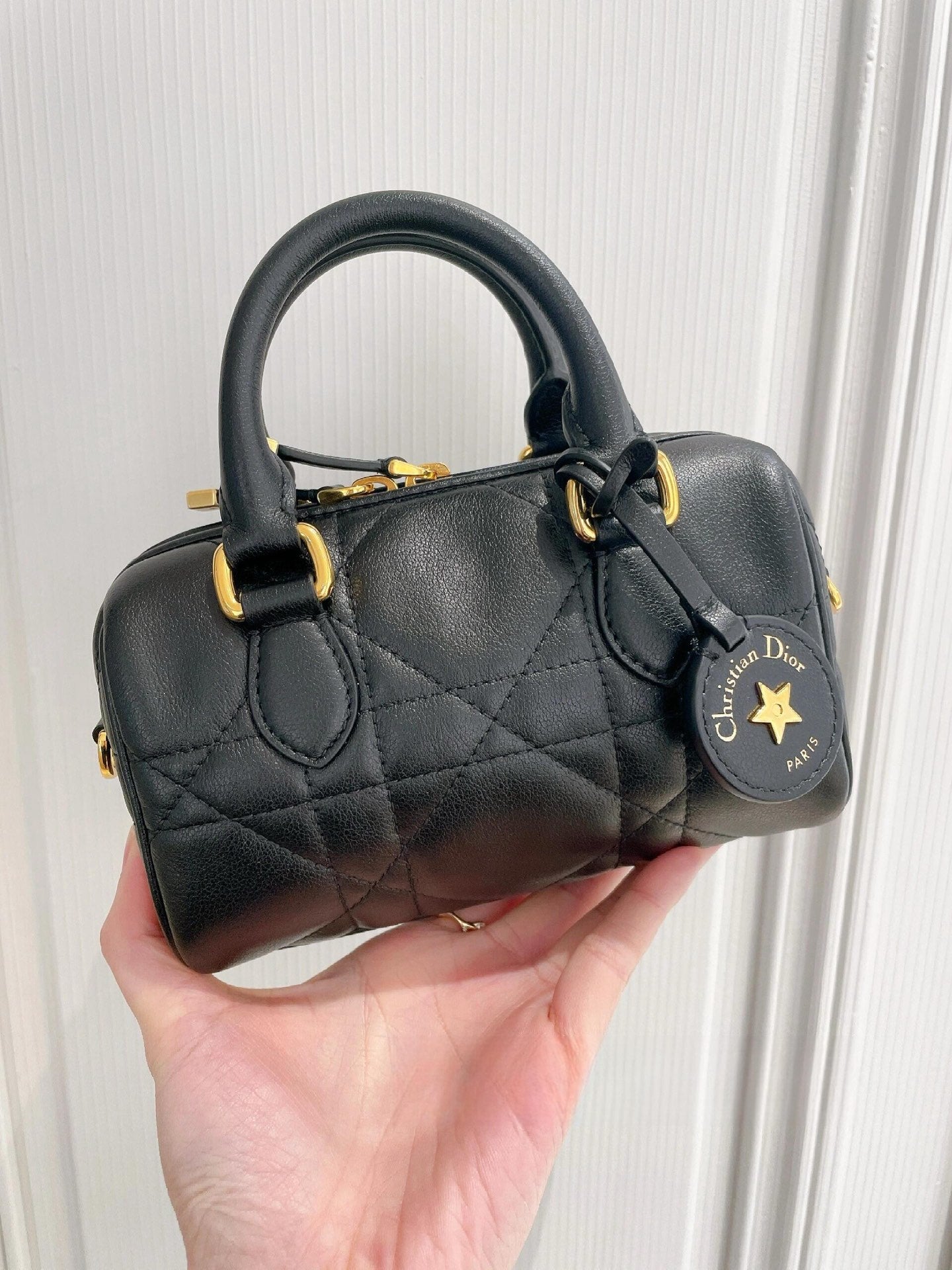 Dior Mini Black Quilted Leather Top Handle Bag with Gold Star Charm