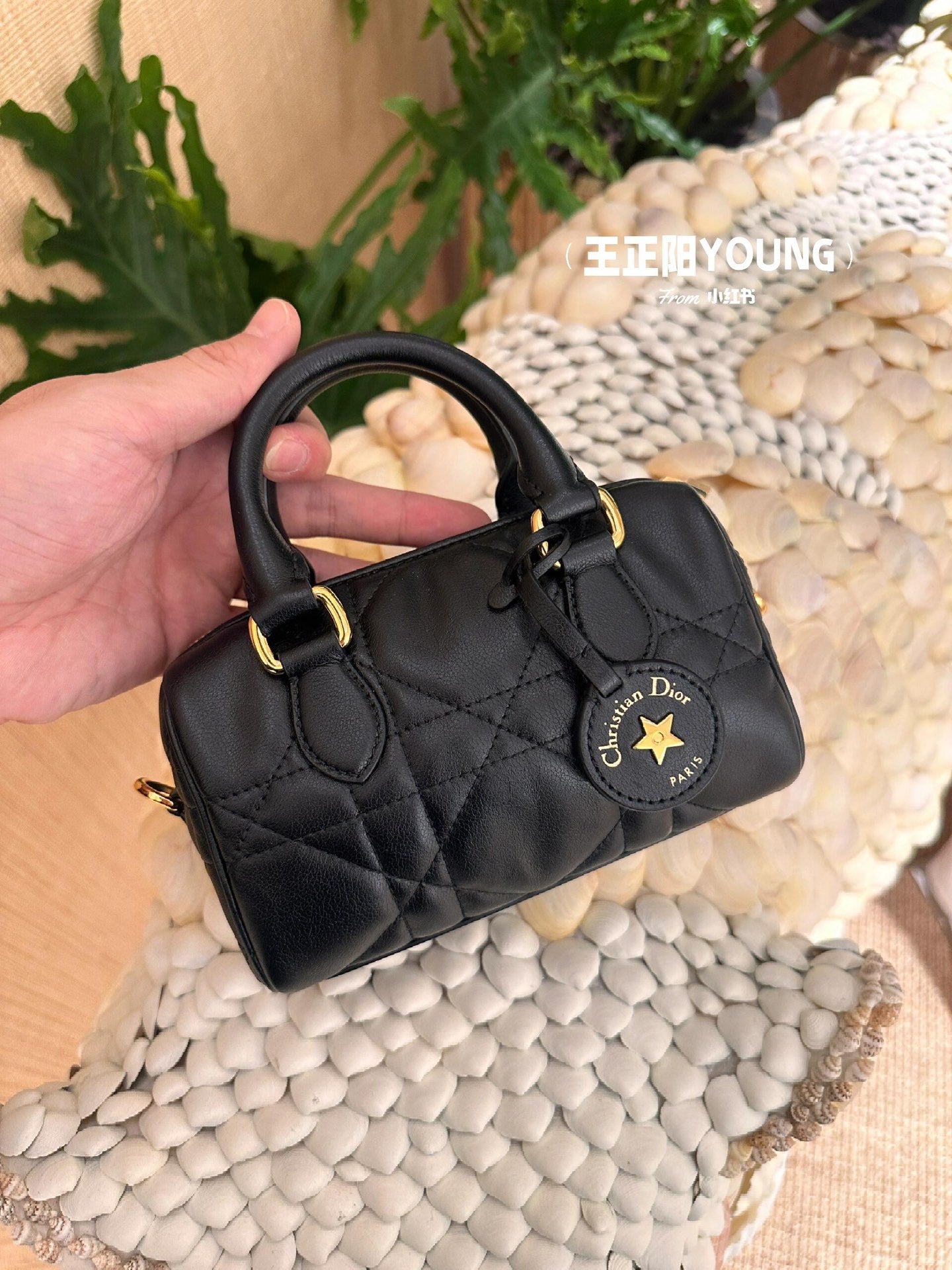 Dior Mini Black Quilted Leather Top Handle Bag with Gold Star Charm