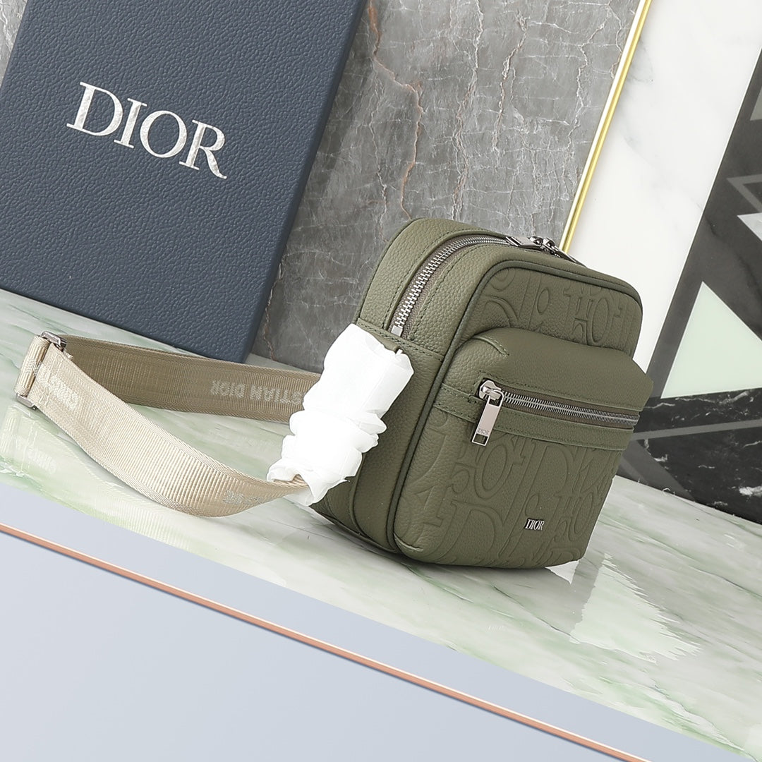 Dior Olive Green Embossed Crossbody Messenger Bag with Wide Canvas Strap
