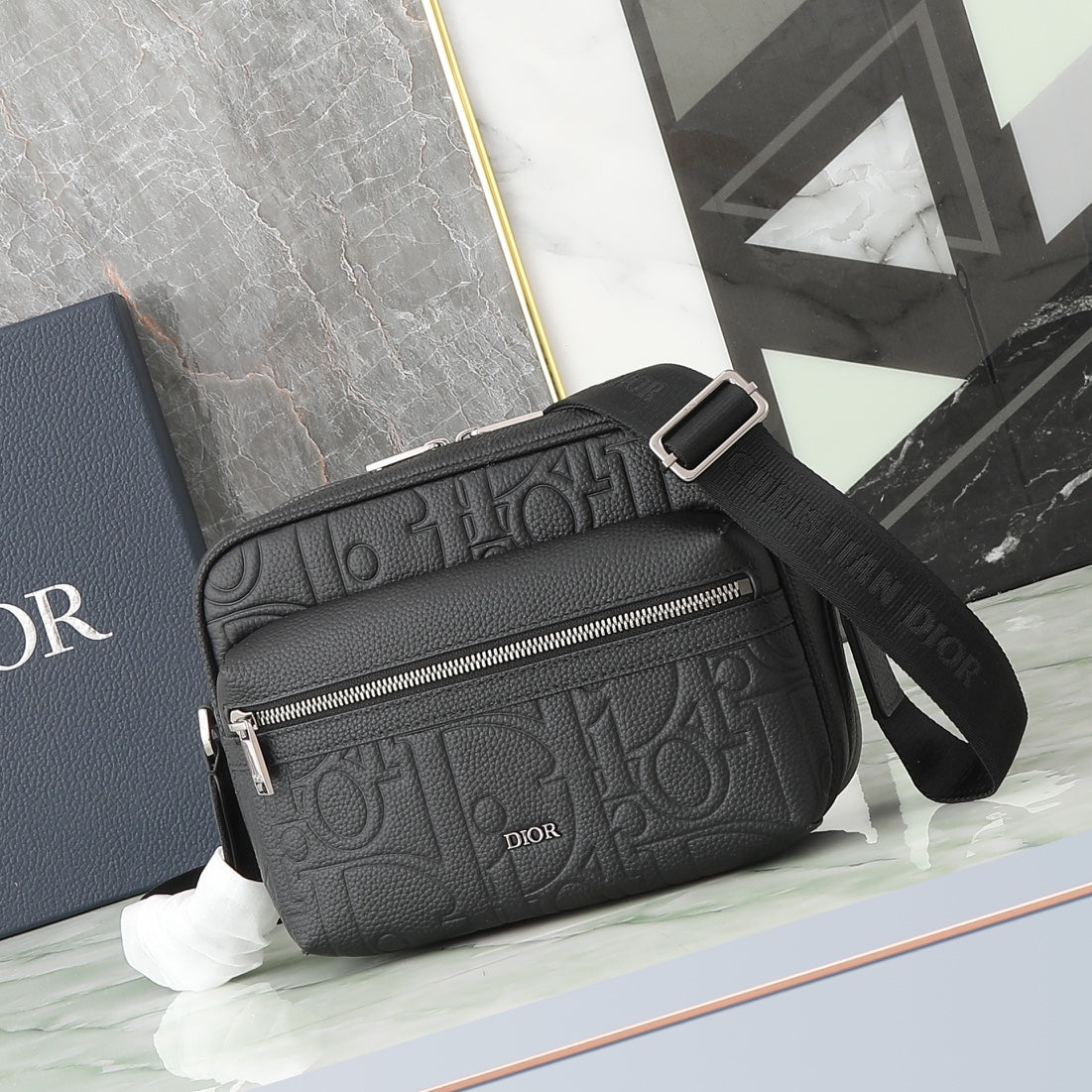 Dior Black Embossed Monogram Leather Crossbody Shoulder Bag