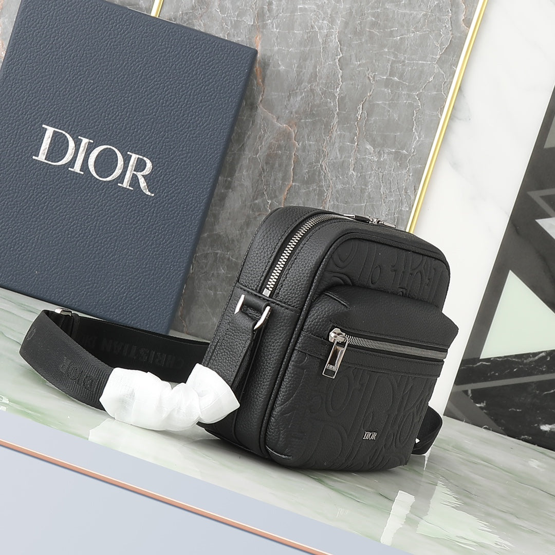 Dior Black Embossed Monogram Leather Crossbody Shoulder Bag