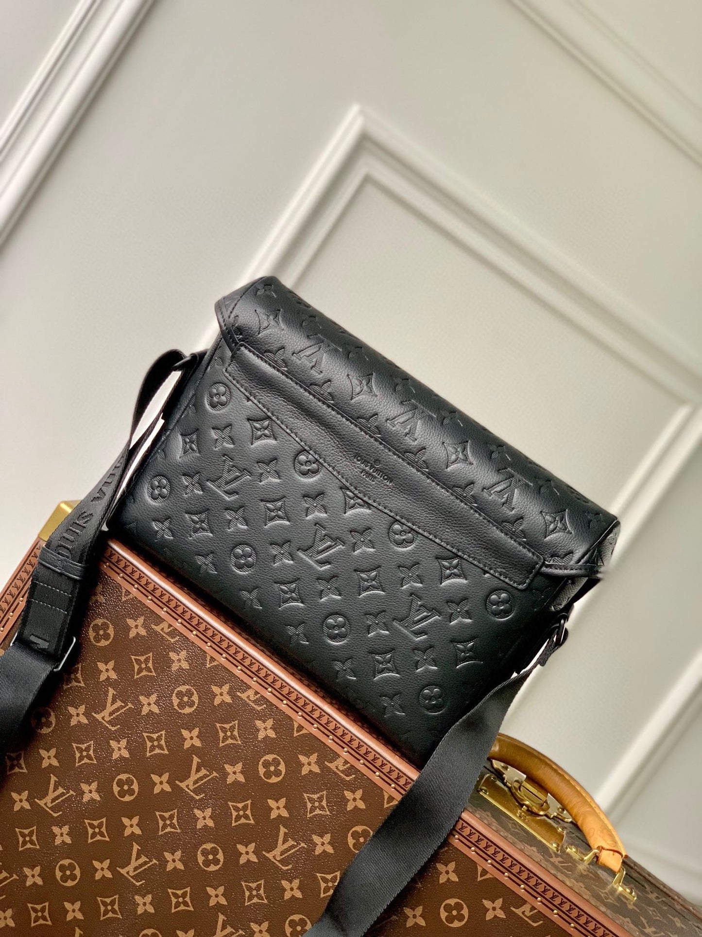 Louis Vuitton Black Embossed Monogram Leather Crossbody Messenger Bag