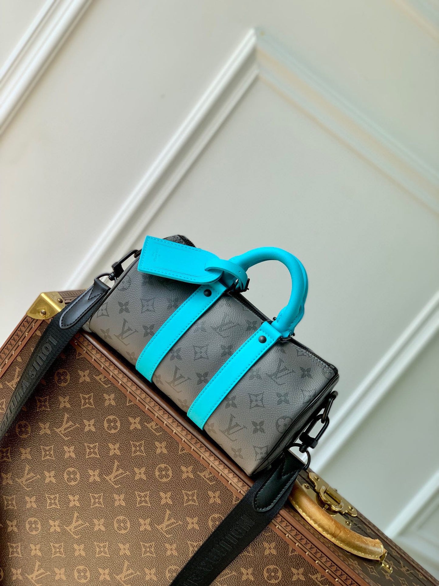 Louis Vuitton Grey Monogram Print Mini Duffle Bag with Turquoise Trim