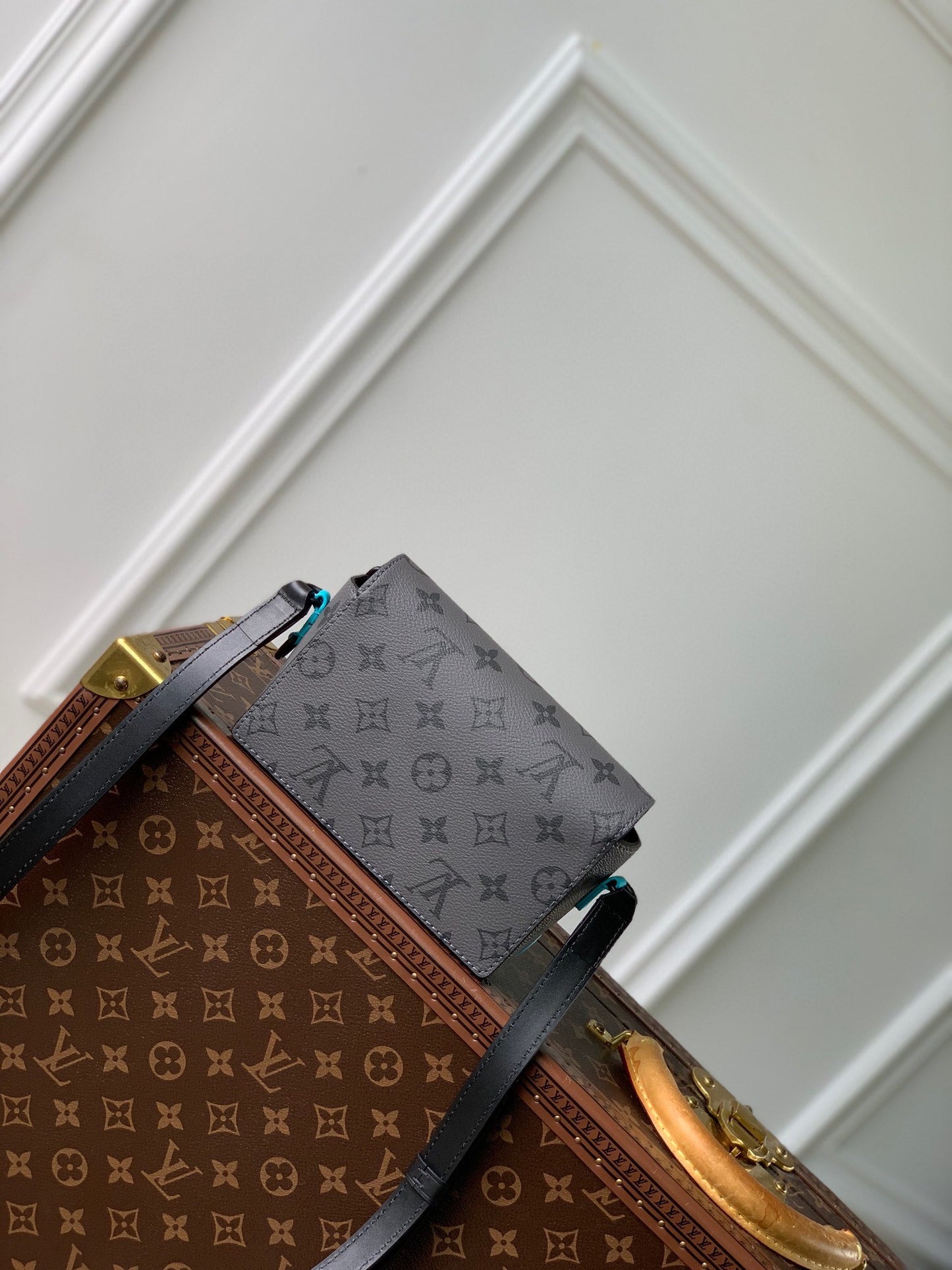 Louis Vuitton Grey Monogram Mini Trunk Crossbody Bag with Blue Accents