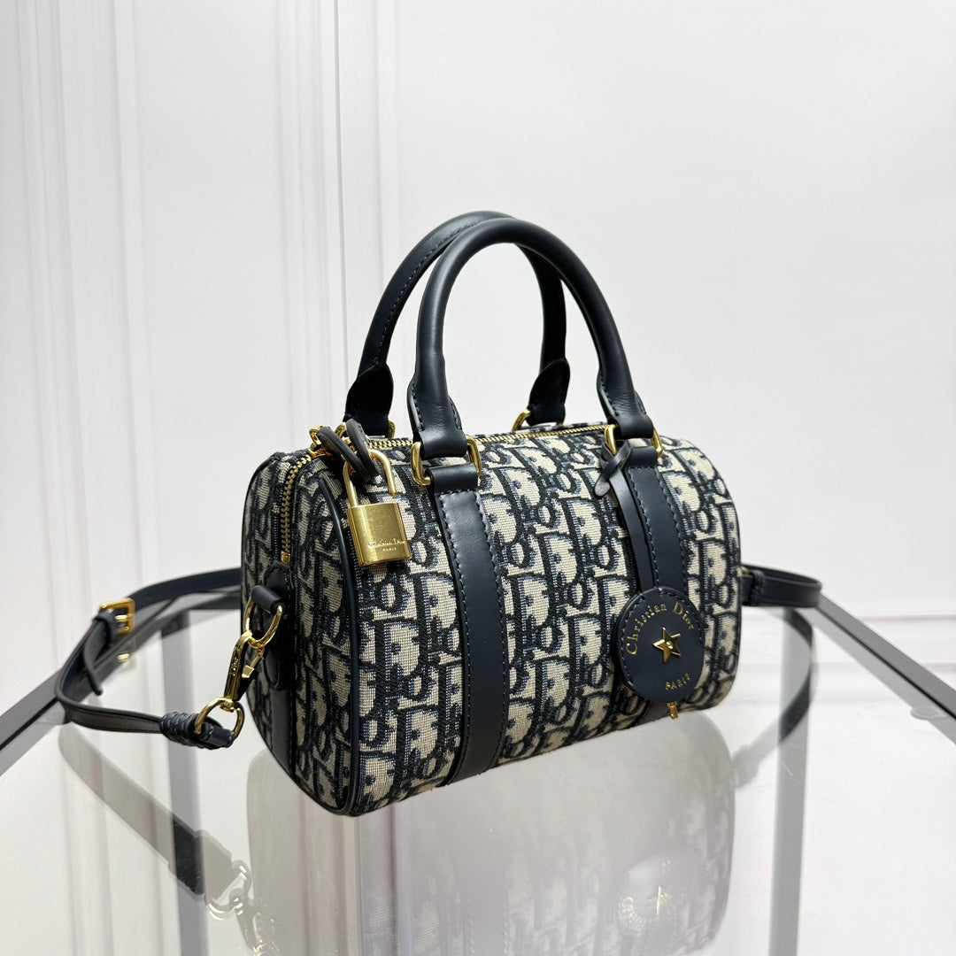 Dior Blue Monogram Canvas Mini Boston Bag with Leather Shoulder Strap