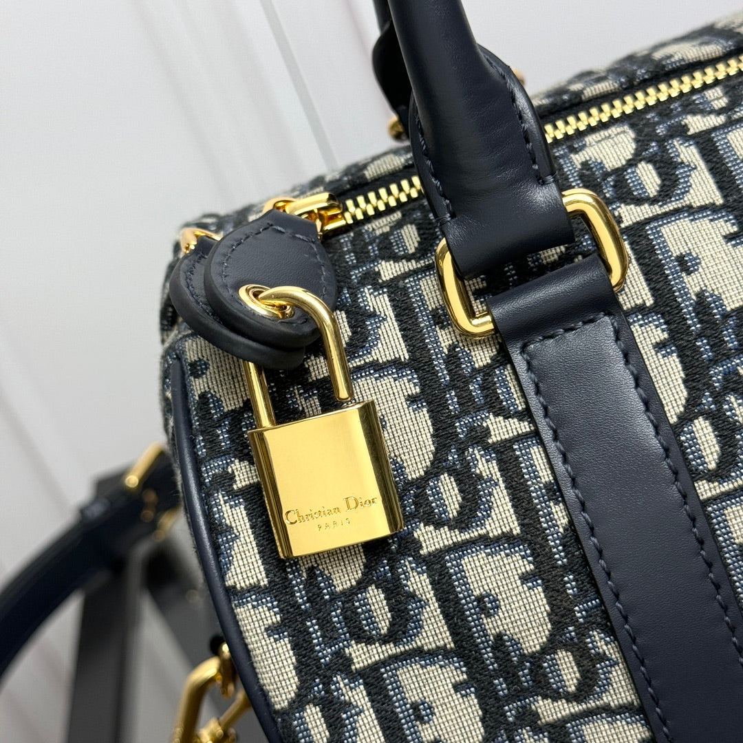 Dior Navy Blue Monogram Canvas Boston Bag with Leather Trim