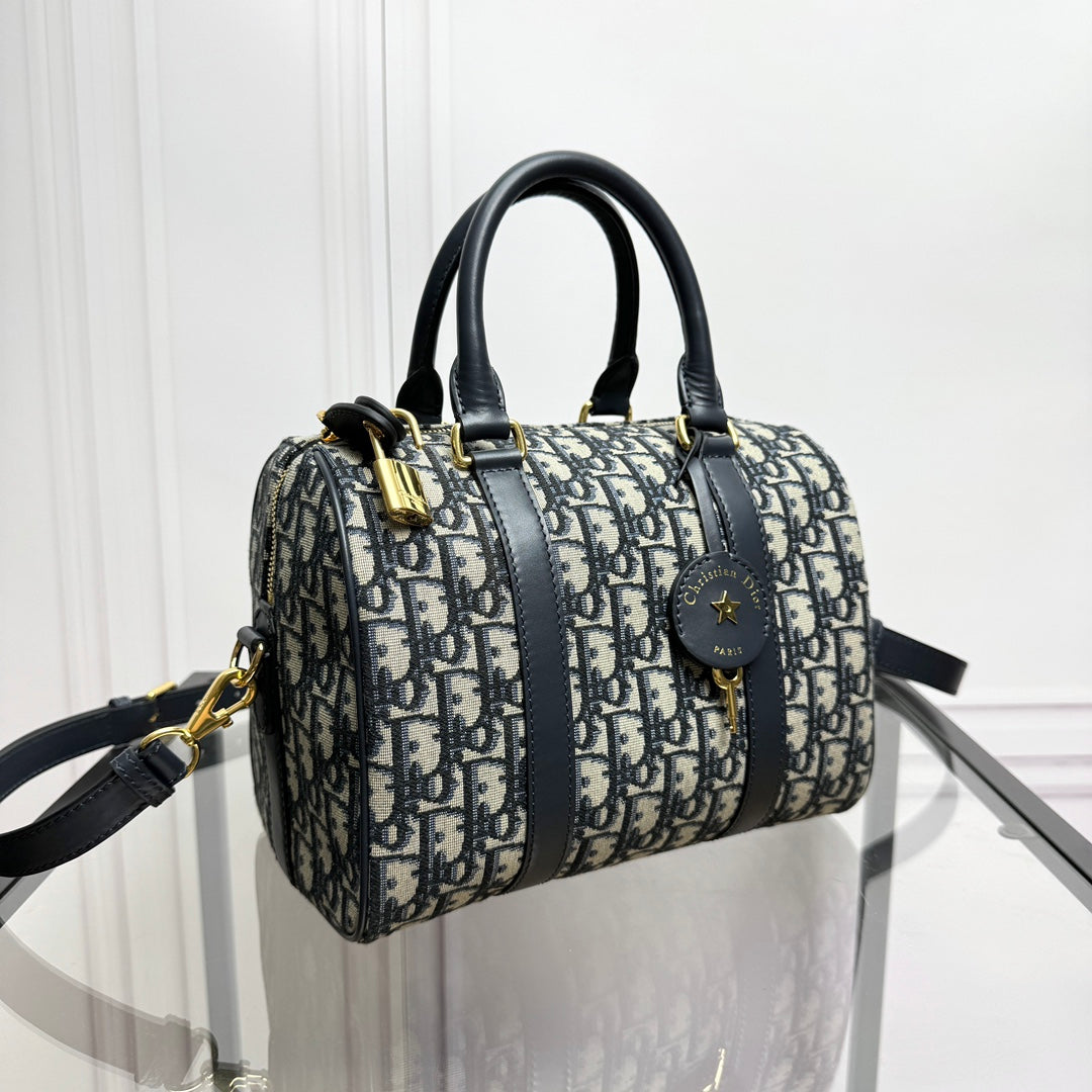 Dior Navy Blue Monogram Canvas Boston Bag with Leather Trim