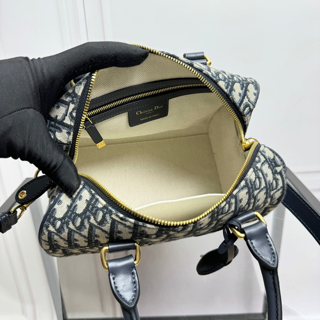 Dior Navy Blue Monogram Canvas Boston Bag with Leather Trim