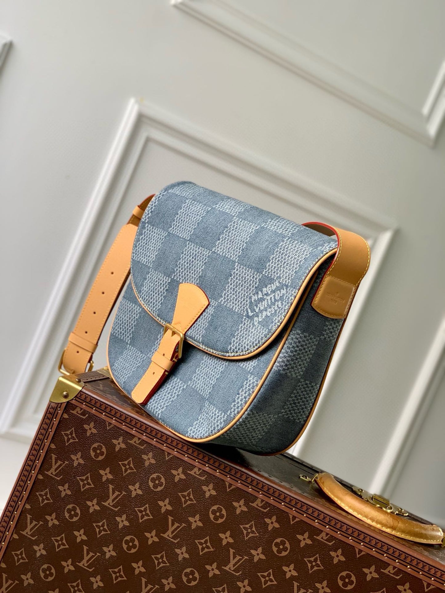 Louis Vuitton Blue Denim Checkerboard Crossbody Saddle Bag with Leather Strap
