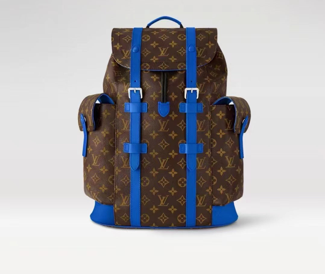 Louis Vuitton Luxury Monogram Canvas Backpack with Bright Blue Leather Straps