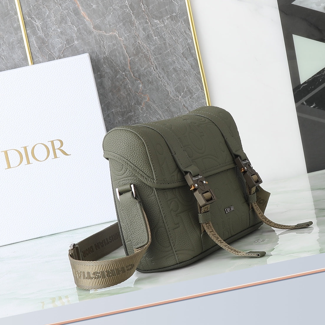 Dior Olive Green Embossed Leather Crossbody Messenger Bag with Buckles
