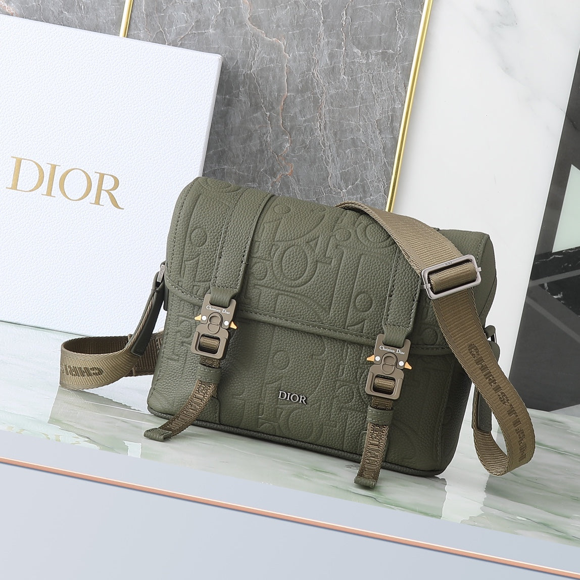 Dior Olive Green Embossed Leather Crossbody Messenger Bag with Buckles