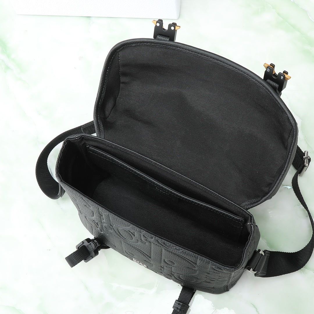 Dior Modern Black Embossed Crossbody Messenger Bag with Tactical Buckles