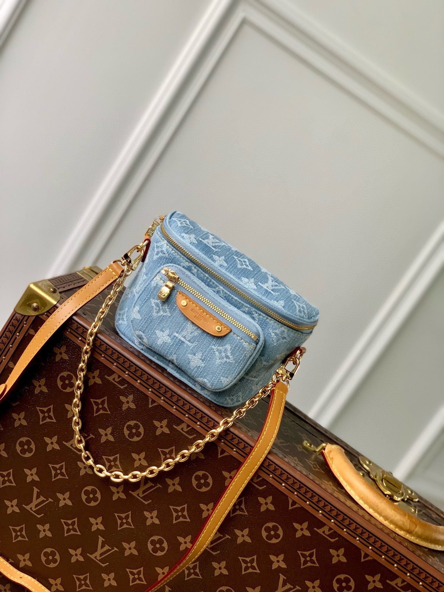 Louis Vuitton Light Blue Denim Monogram Crossbody Bag with Gold Chain Strap