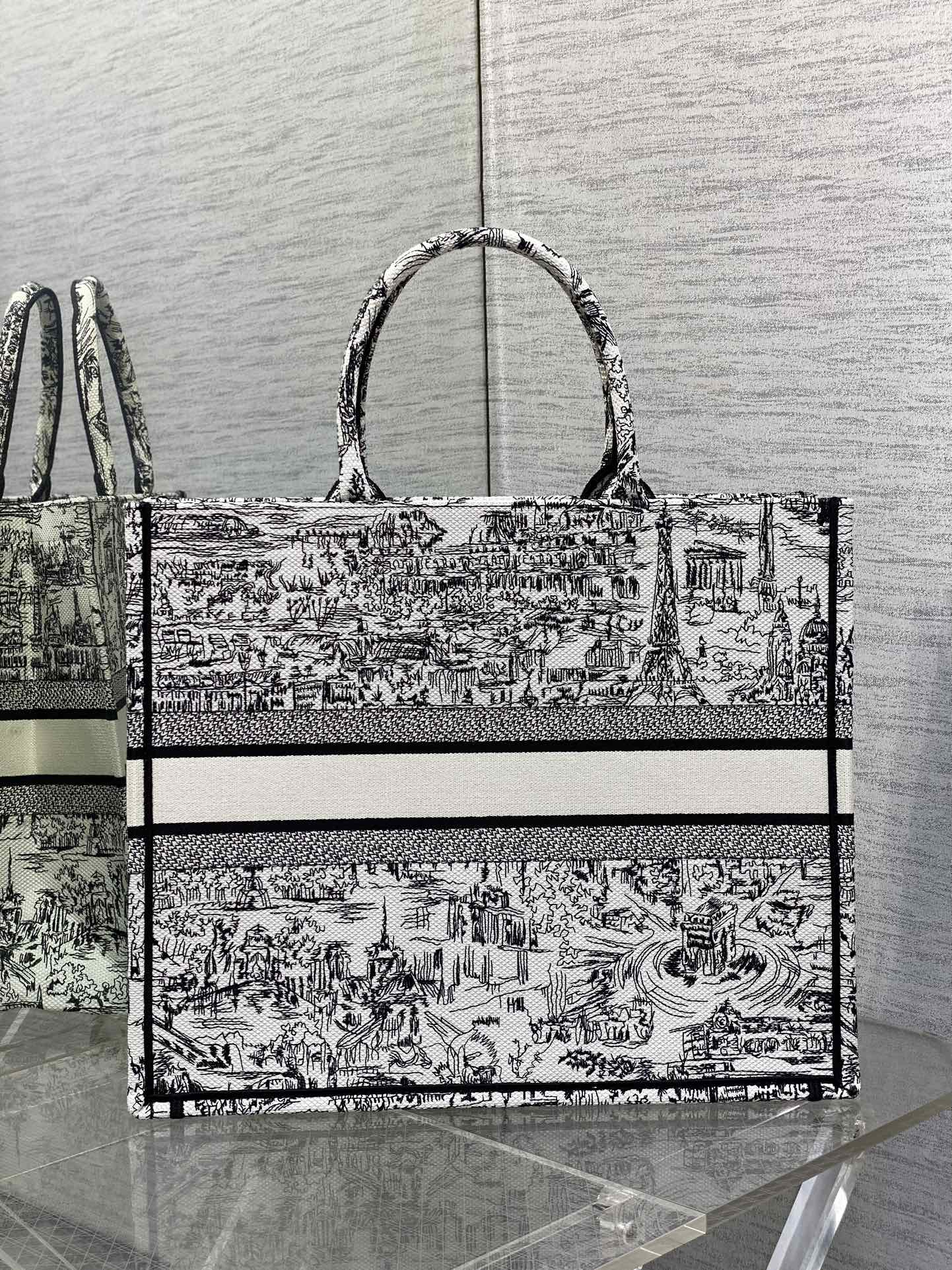 Dior Vintage Black and White Cityscape Illustrated Canvas Tote Bag