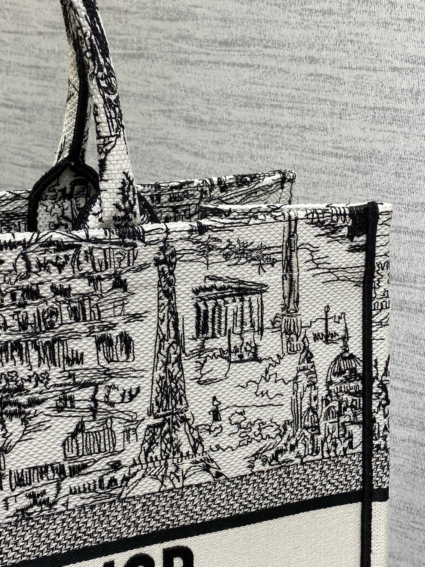 Dior Vintage Black and White Cityscape Illustrated Canvas Tote Bag