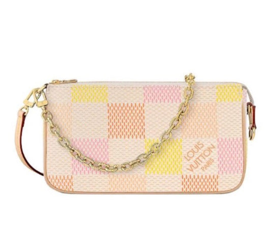 Louis Vuitton Pastel Checkered Canvas Pochette Bag with Gold Chain Strap