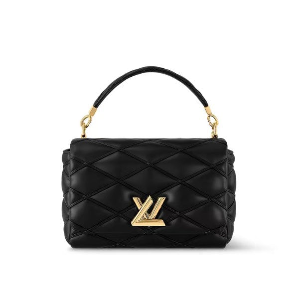 Louis Vuitton Quilted Black Leather Top Handle Handbag with Gold Metal Clasp