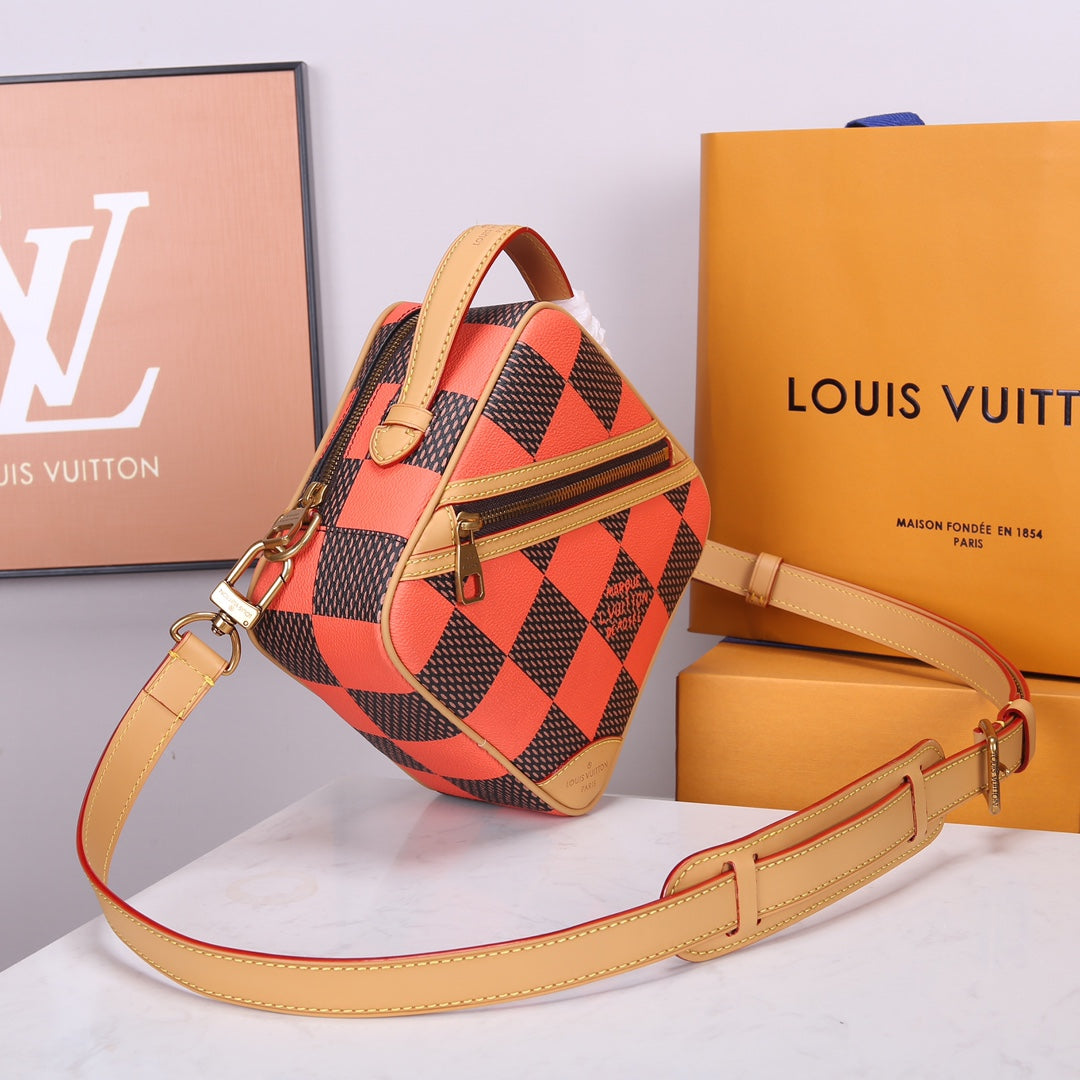 Louis Vuitton Orange and Brown Checkerboard Diamond Leather Crossbody Bag