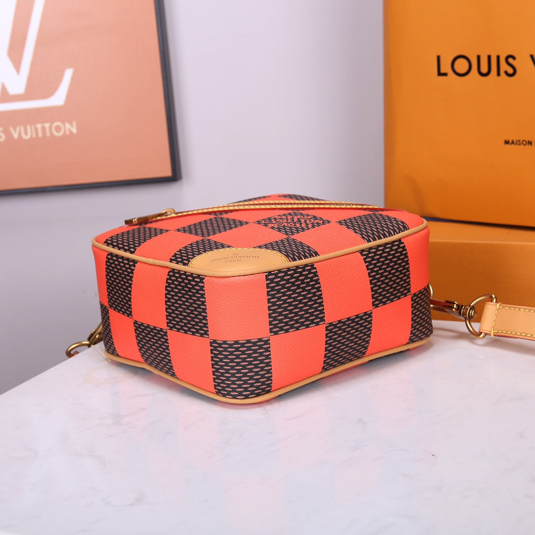 Louis Vuitton Orange and Brown Checkerboard Diamond Leather Crossbody Bag