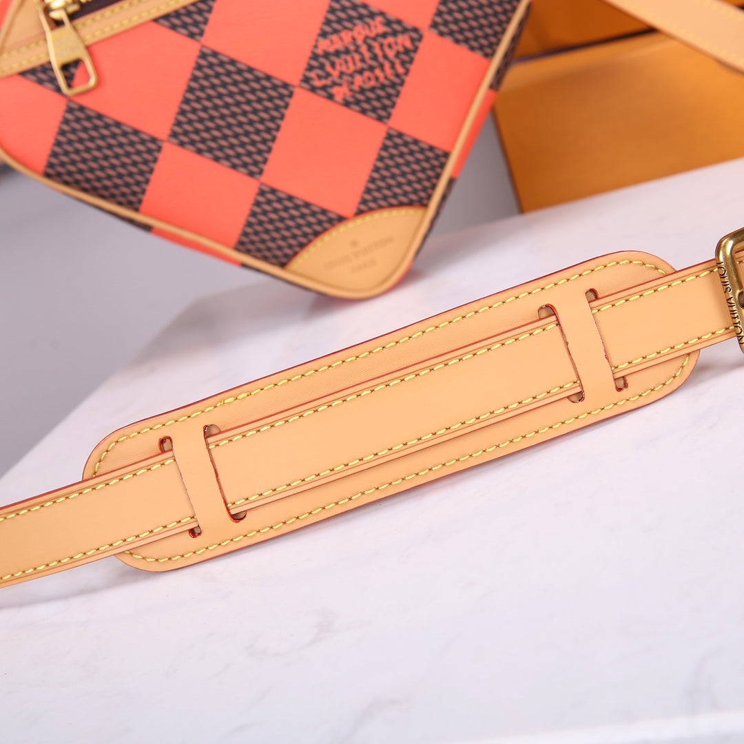 Louis Vuitton Orange and Brown Checkerboard Diamond Leather Crossbody Bag