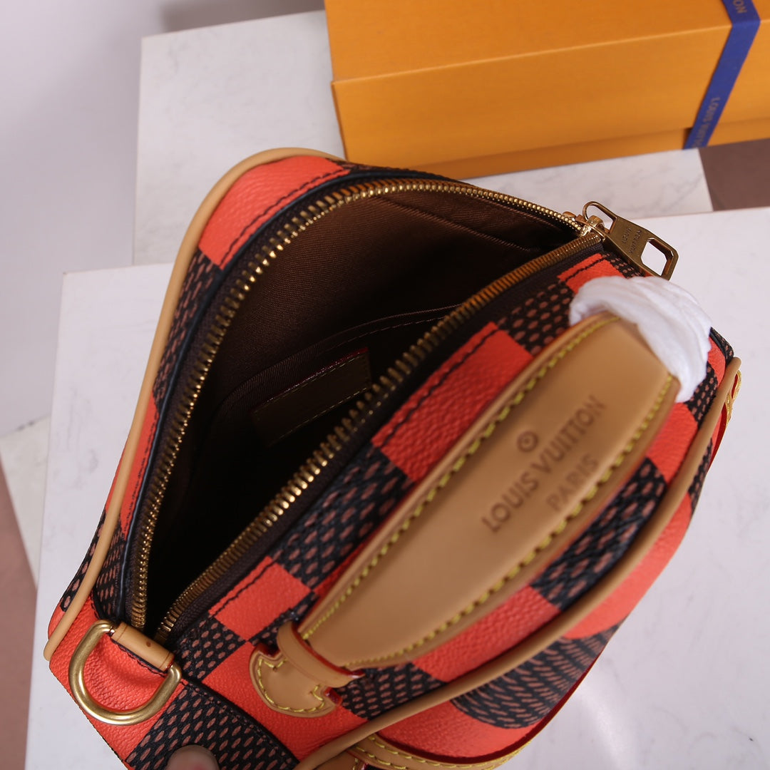 Louis Vuitton Orange and Brown Checkerboard Diamond Leather Crossbody Bag