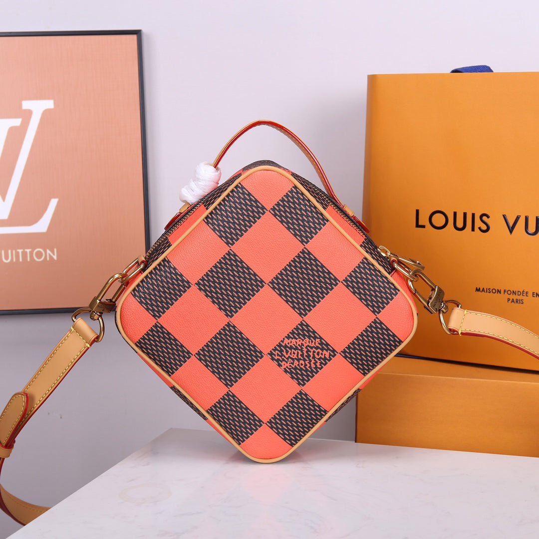 Louis Vuitton Orange and Brown Checkerboard Diamond Leather Crossbody Bag