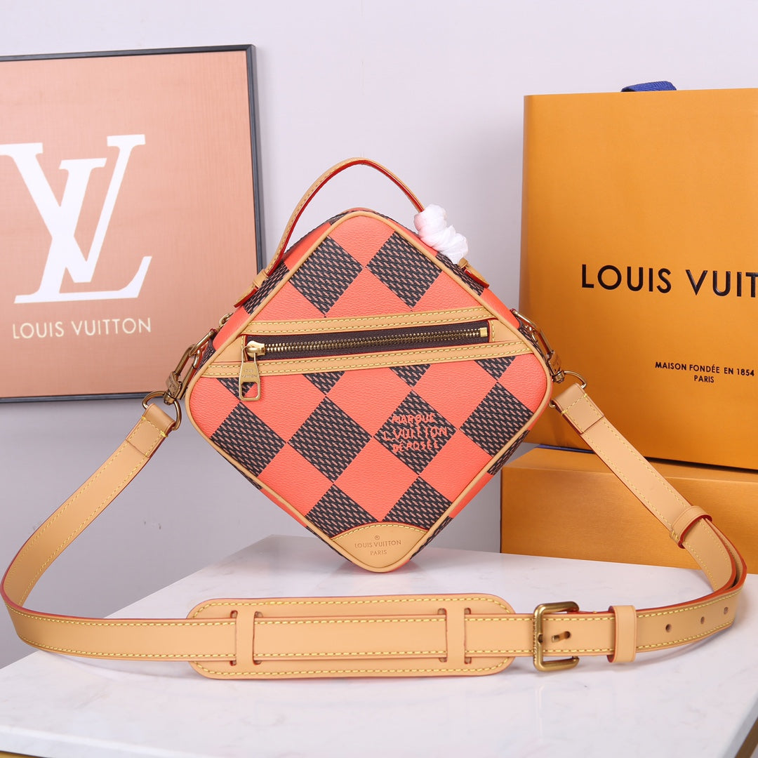 Louis Vuitton Orange and Brown Checkerboard Diamond Leather Crossbody Bag