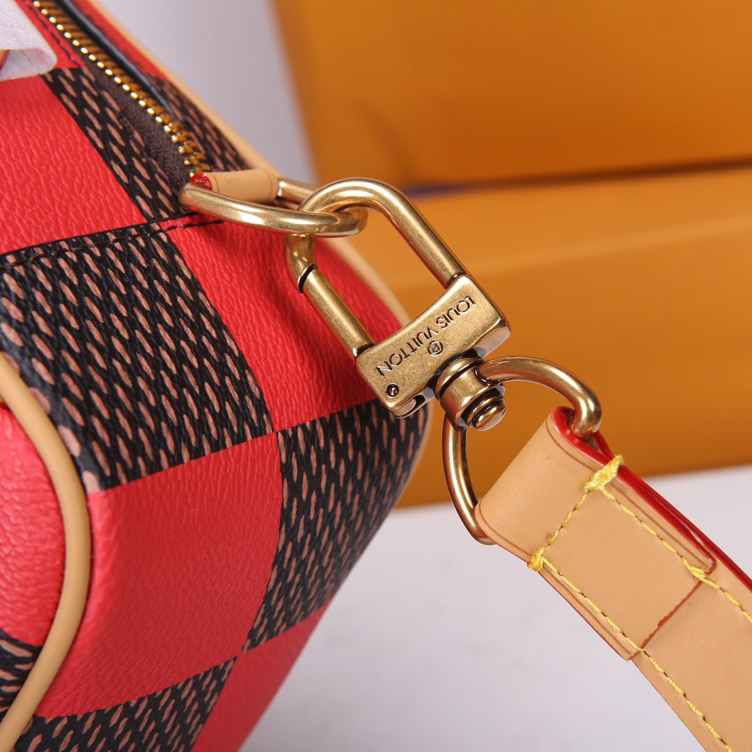 Louis Vuitton Red and Brown Checkerboard Diamond Shaped Crossbody Bag with Leather Trim