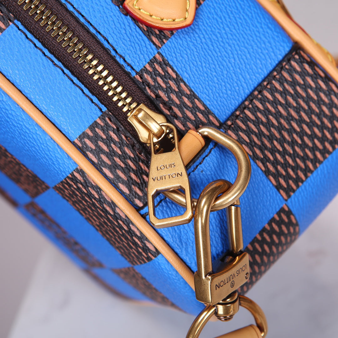 Louis Vuitton Blue and Brown Checkered Diamond Shaped Leather Crossbody Bag