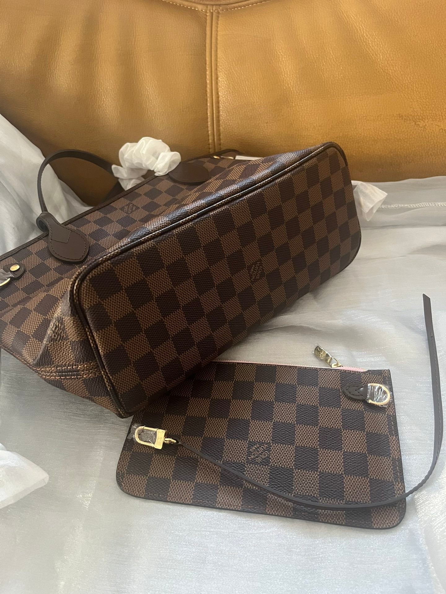 Louis Vuitton Classic Checkered Pattern Tote Bag with Pink Interior and Matching Pouch