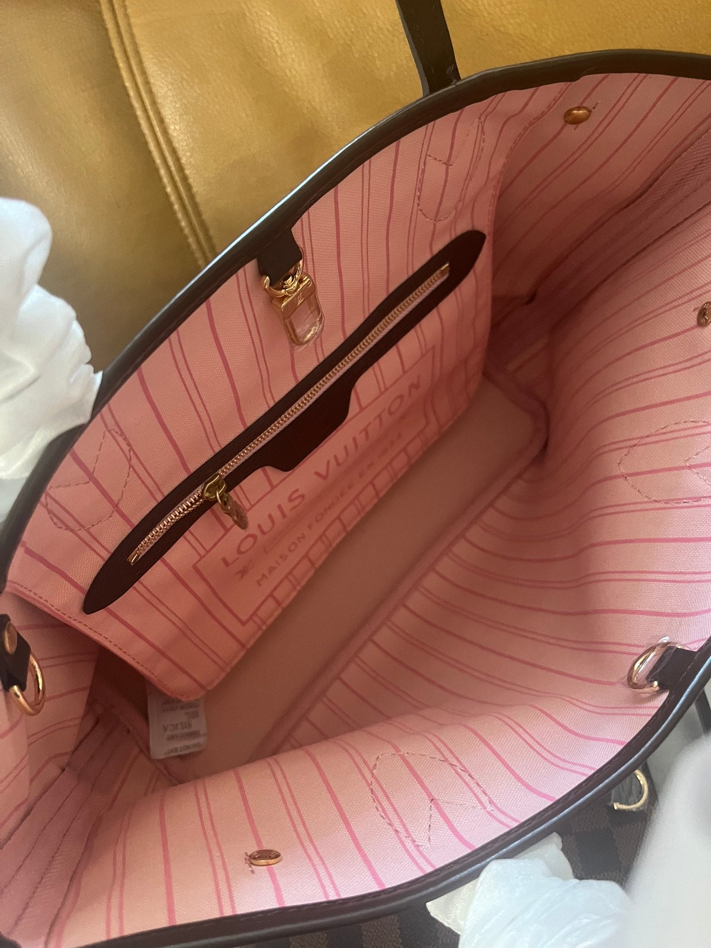 Louis Vuitton Classic Checkered Pattern Tote Bag with Pink Interior and Matching Pouch