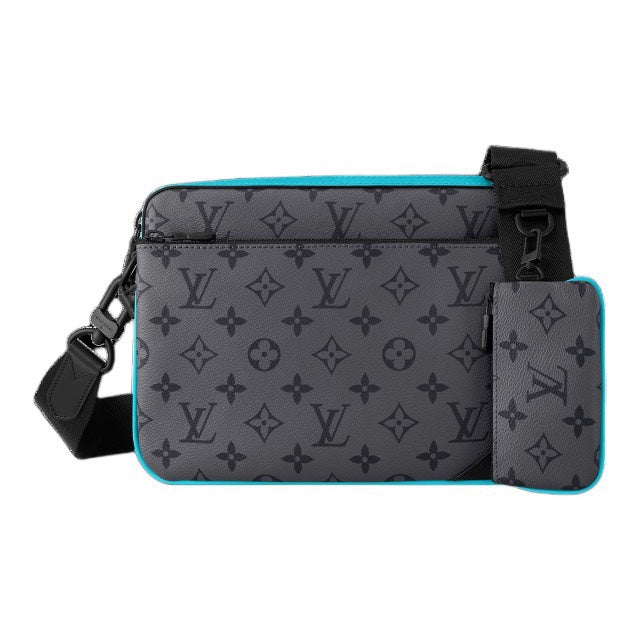 Louis Vuitton Grey Monogram Messenger Bag with Turquoise Trim and Mini Pouch