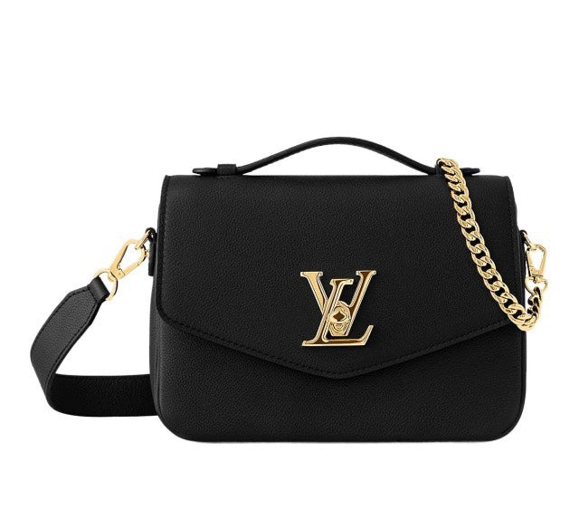 Louis Vuitton Elegant Black Leather Shoulder Bag with Gold Clasp and Chain