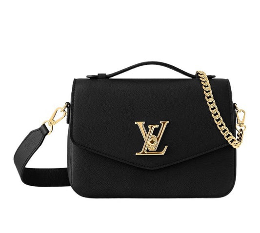 Louis Vuitton Elegant Black Leather Shoulder Bag with Gold Clasp and Chain
