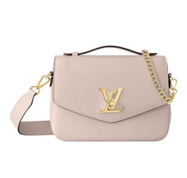 Louis Vuitton Blush Pink Envelope Crossbody Bag with Gold Chain and Wide Strap
