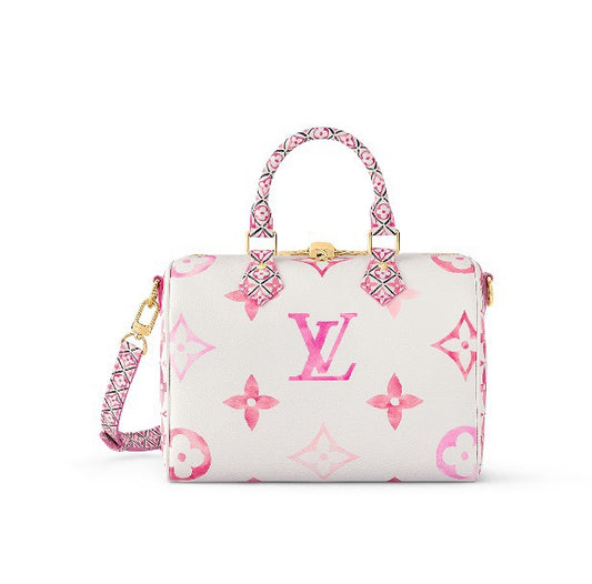Louis Vuitton Luxury Pink and White Monogram Print Top Handle Handbag with Strap