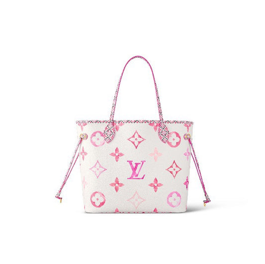 Louis Vuitton Luxury Pink Floral Monogram White Tote Bag with Drawstring Sides