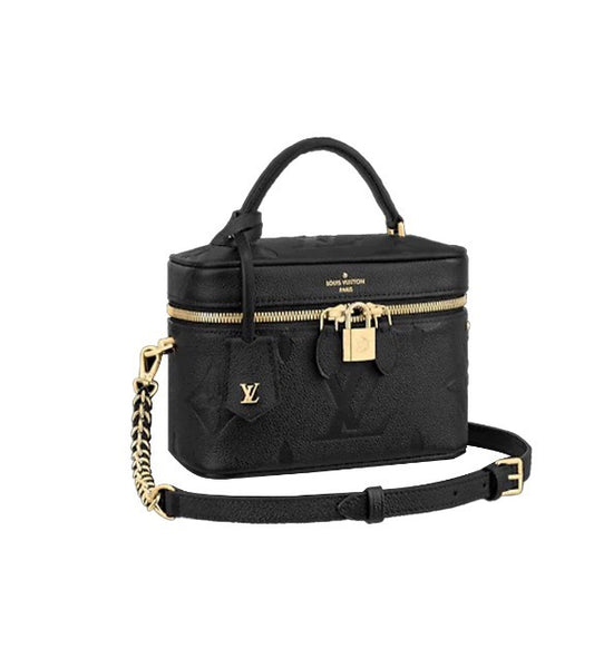 Louis Vuitton Luxury Black Embossed Leather Vanity Case Handbag with Strap