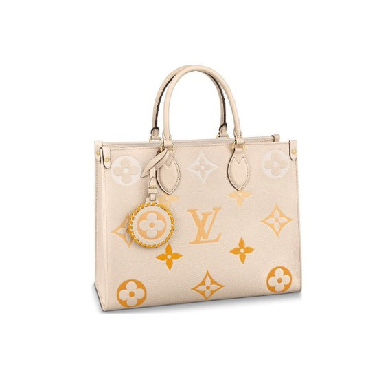 Louis Vuitton Luxury Beige Leather Tote Bag with Gold Monogram Floral Pattern