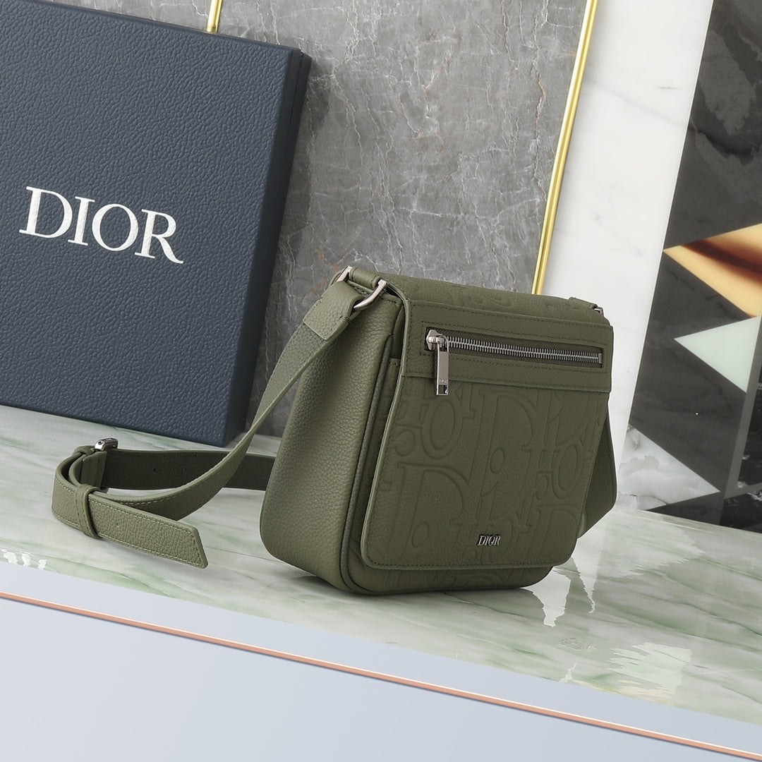 Dior Olive Green Embossed Leather Messenger Bag with Adjustable Strap